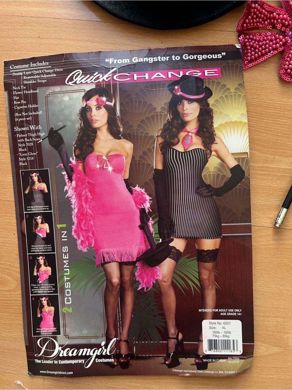 1X Halloween costume 2 in 1 Dreamgirl Pink Flapper & gangster girl Pinstripe.